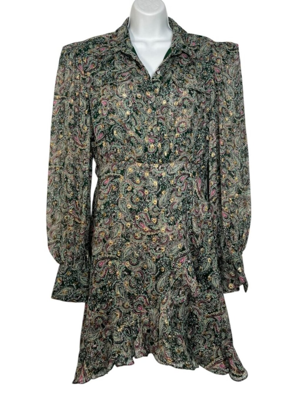Rococo Sand Mini Shirt Dress Sheer Metallic Paisley Button Up Collar Green Small